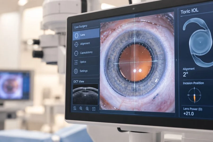 Advanced ophthalmic surgical system monitor displaying live eye surgery and Toric IOL alignment metrics