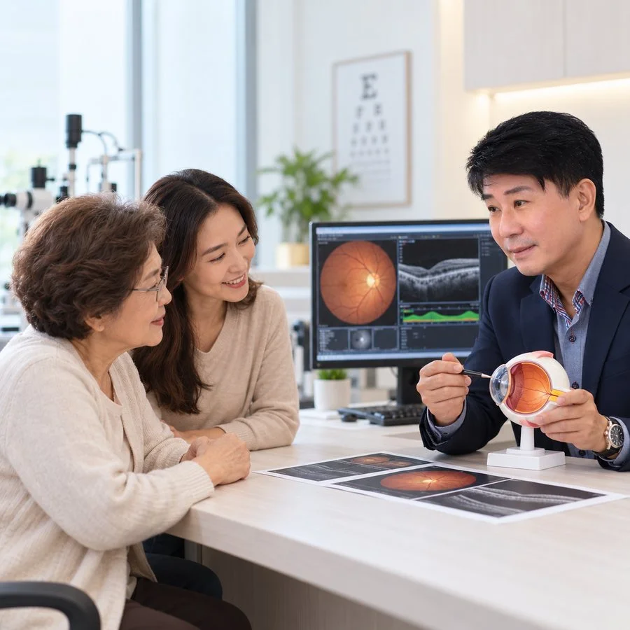 Dr. Steve Seah explaining an eye condition using an anatomical eye model to a senior patient and her family member during a clinic consultation