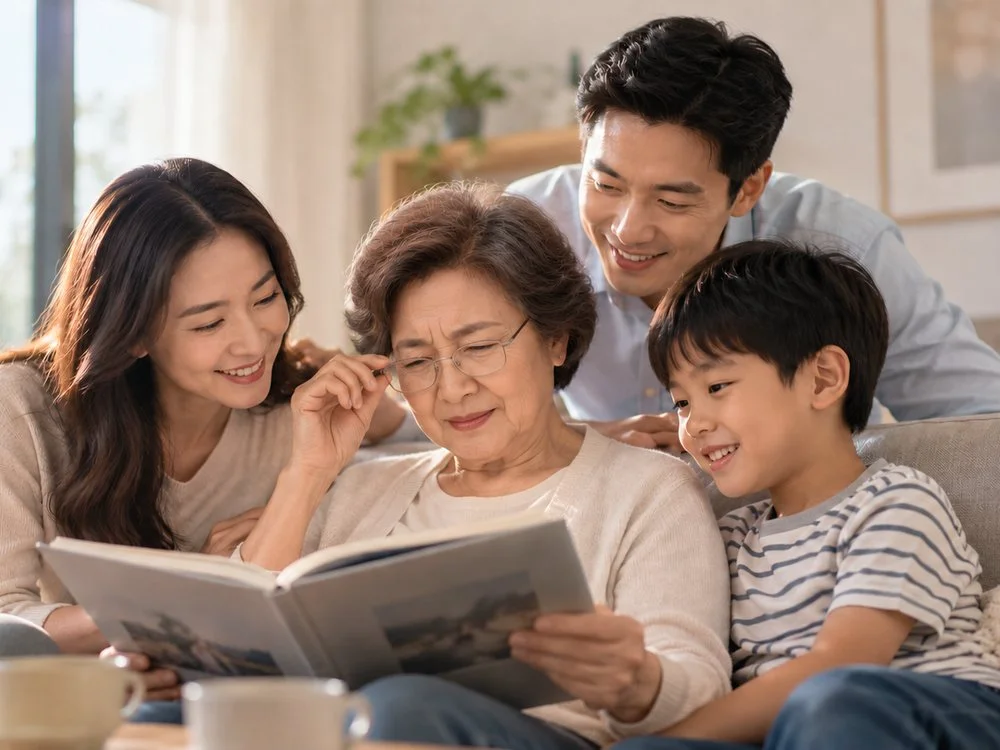 Multigenerational Asian family happily looking at a photo album together at home