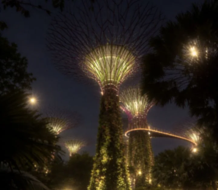 Night scene with glare and halos around lights