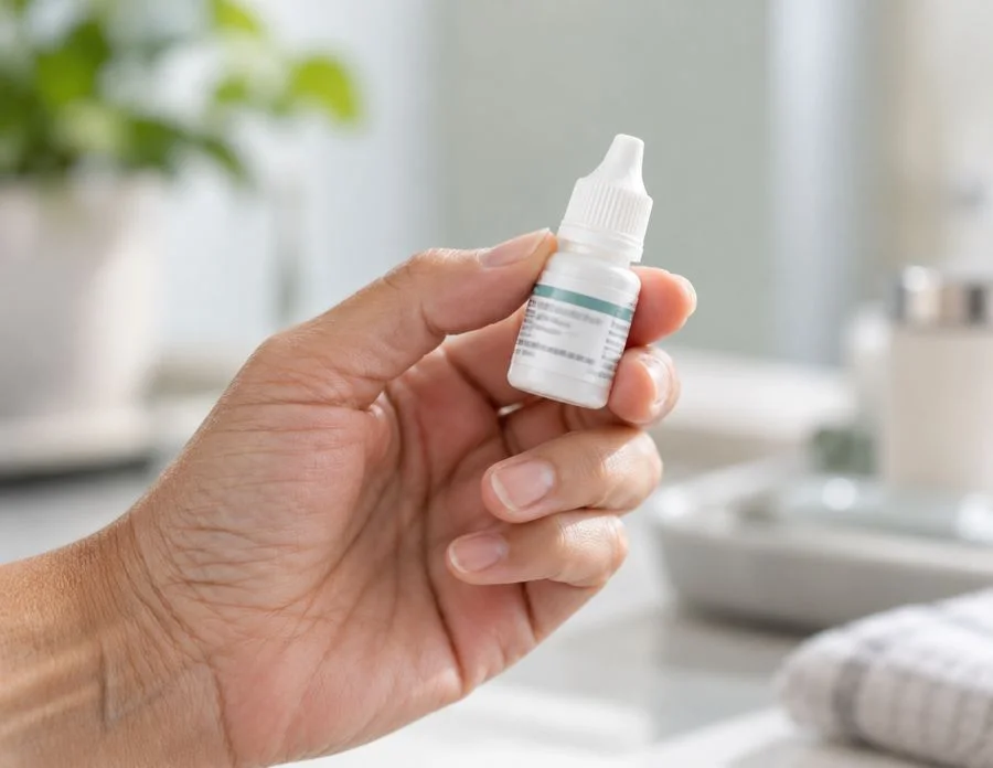 Patient holding a small bottle of eye drops at home