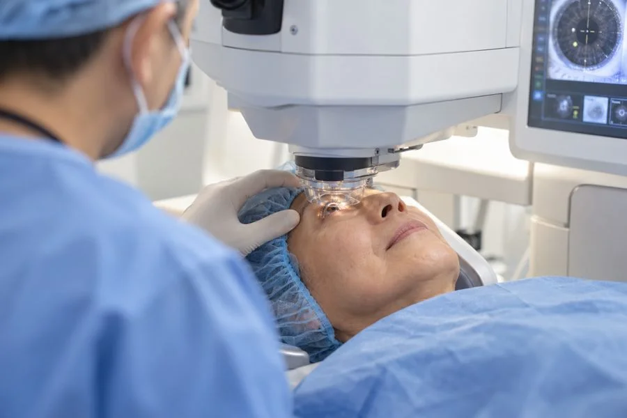 Surgeon performing a precision eye laser procedure on a patient in the operating room