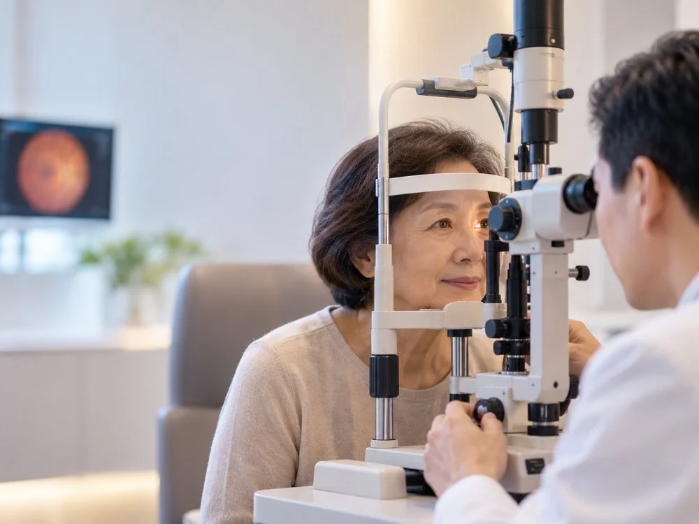 Senior female patient undergoing an eye examination using a slit lamp at an eye clinic