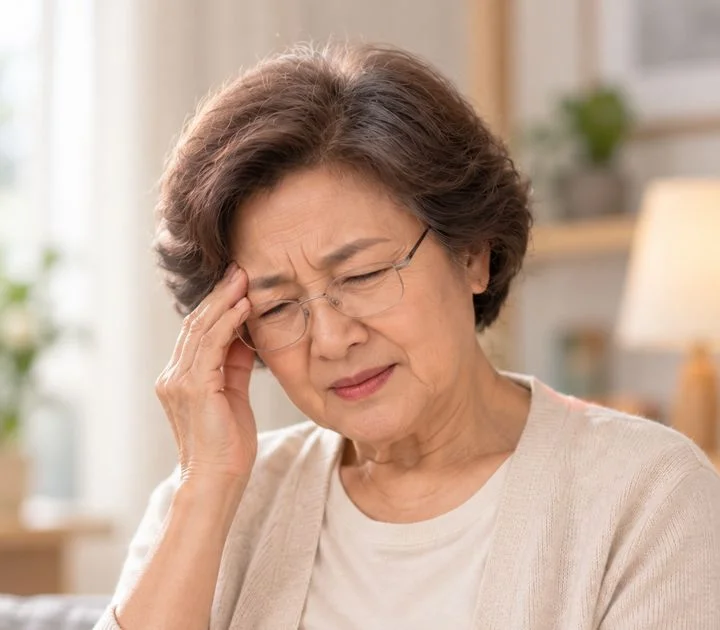 Older woman holding her head in discomfort